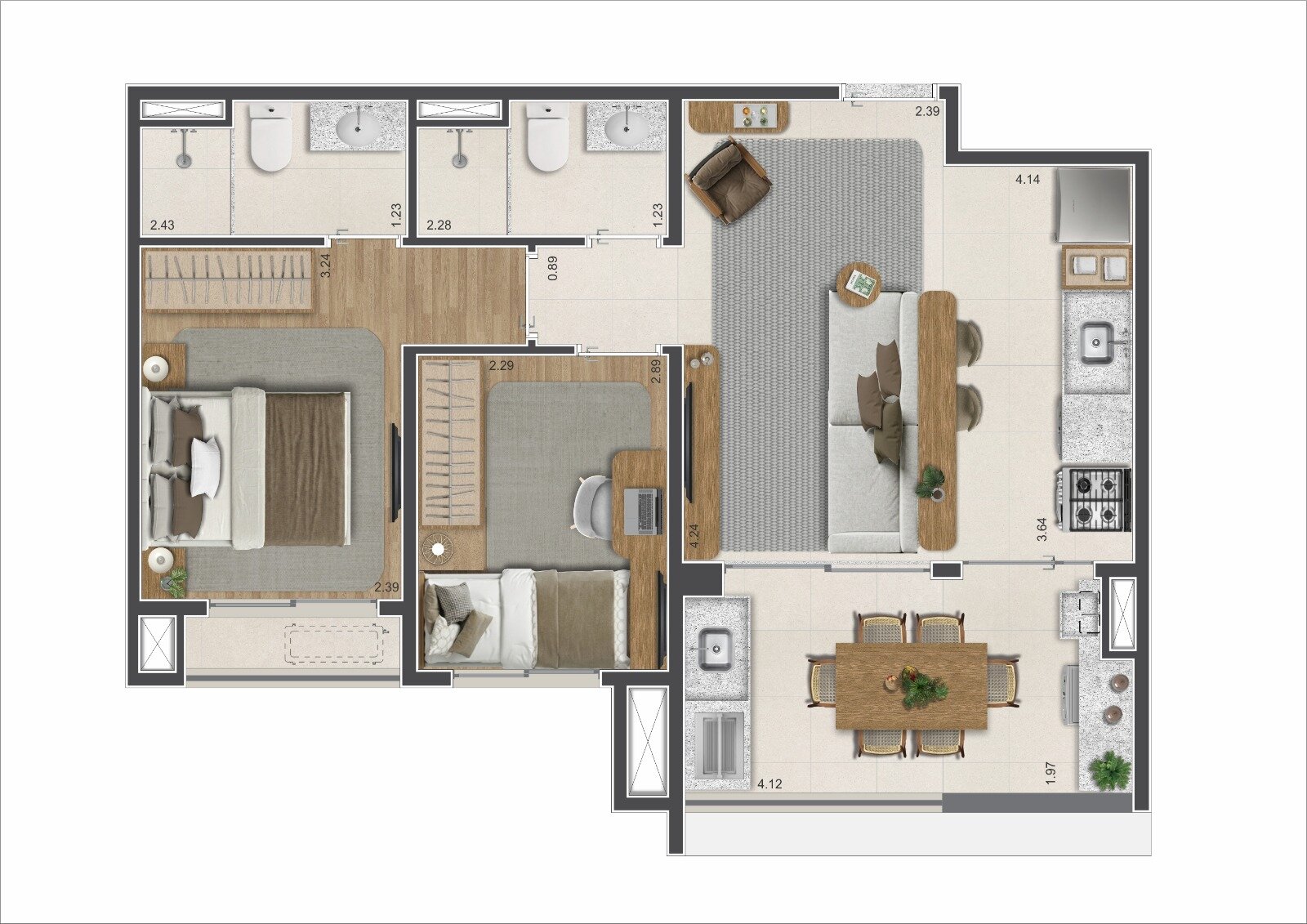 75m² • 2 suítes