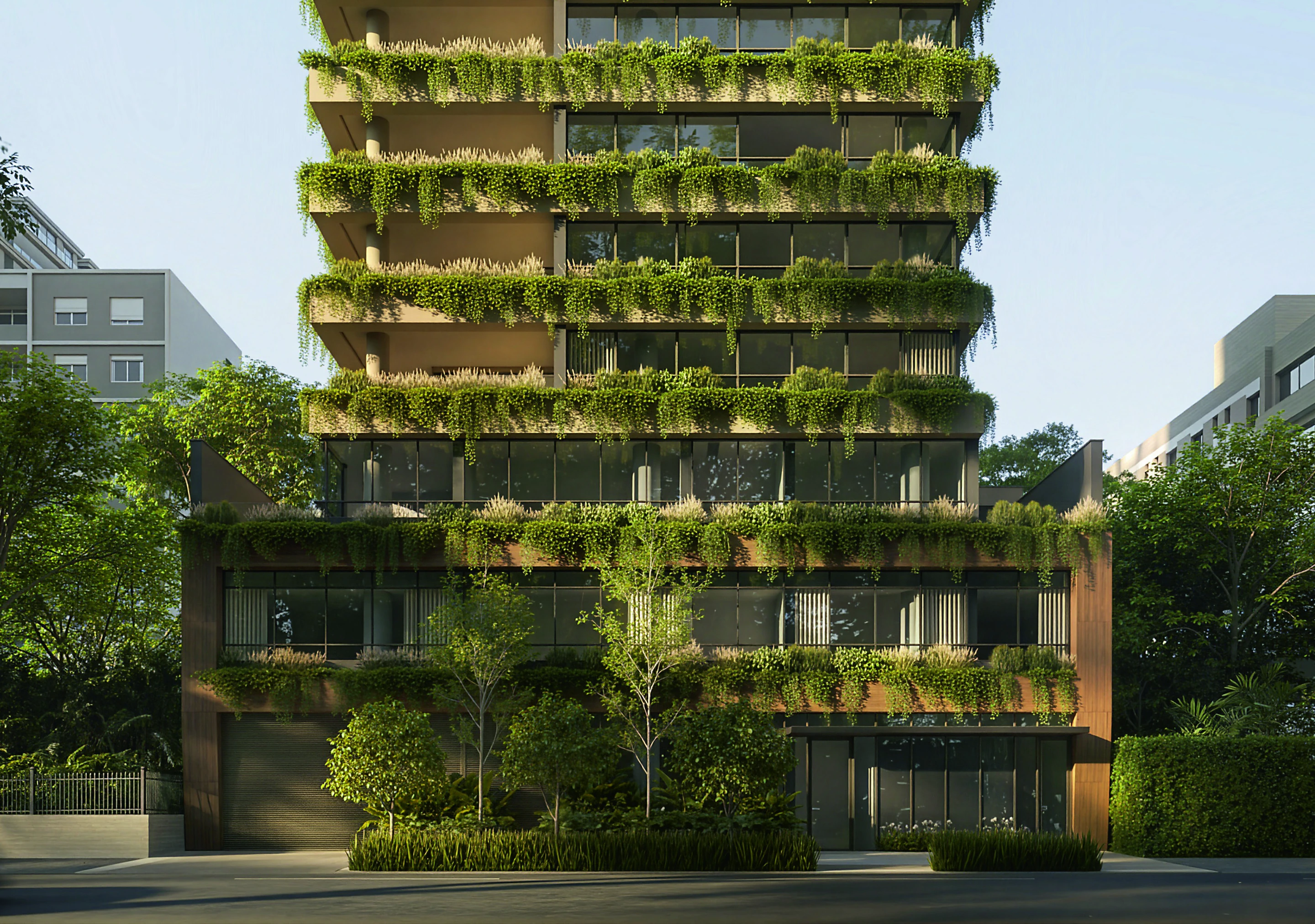 Acesso e volumes da fachada envolvidos pelo paisagismo