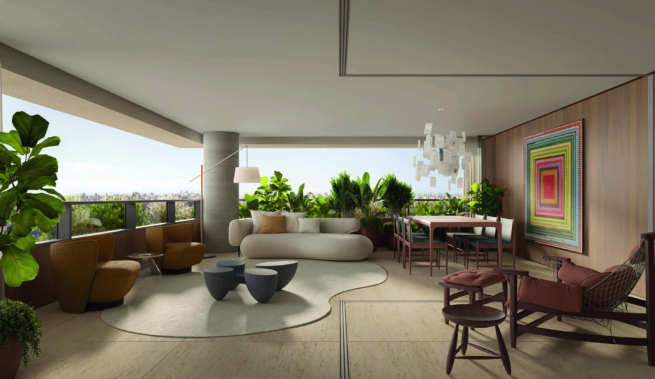 Perspectiva do living e varanda do apartamento de 139 m²