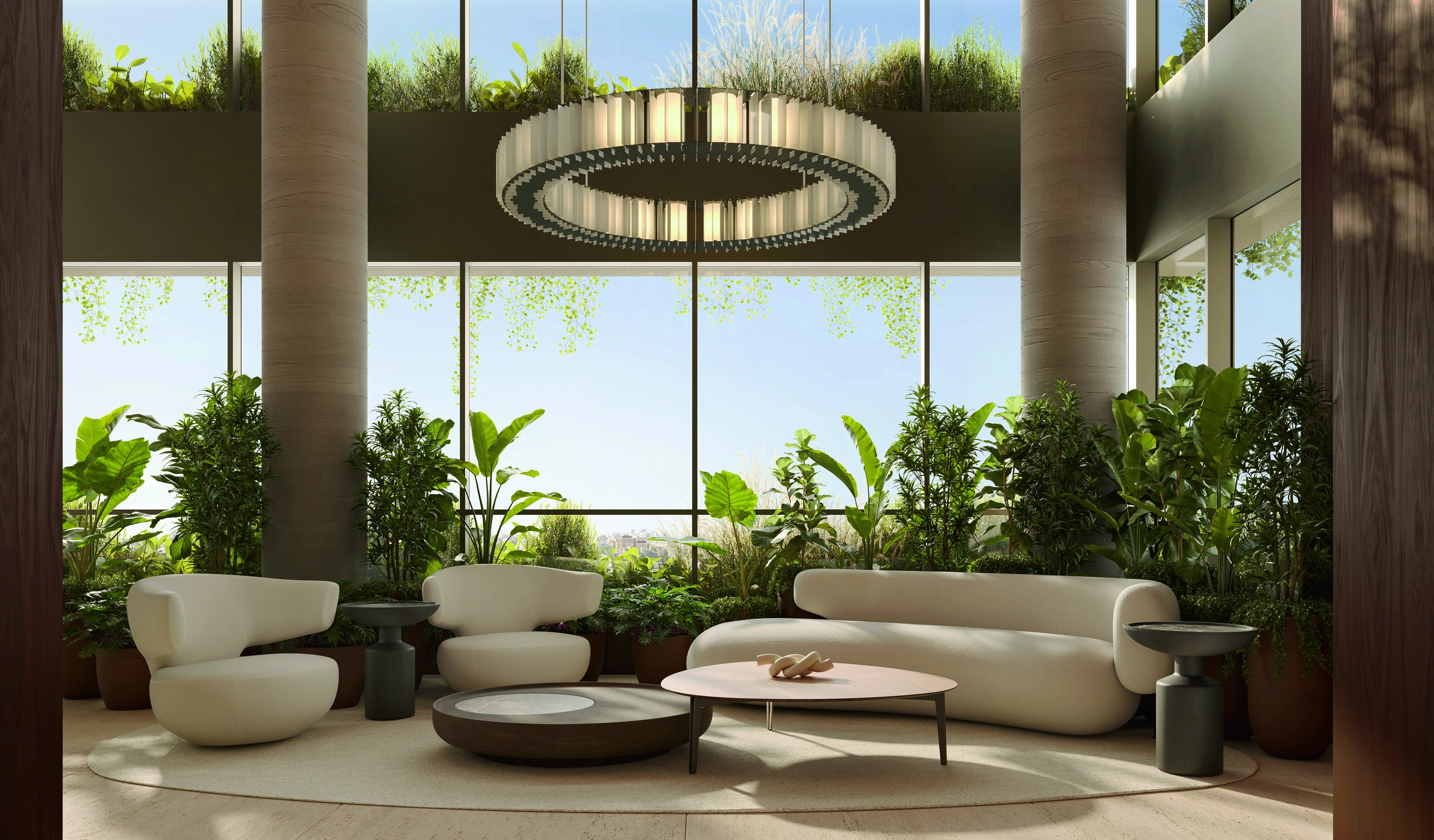 Lounge do rooftop, com mobiliário contemporâneo e grandes aberturas