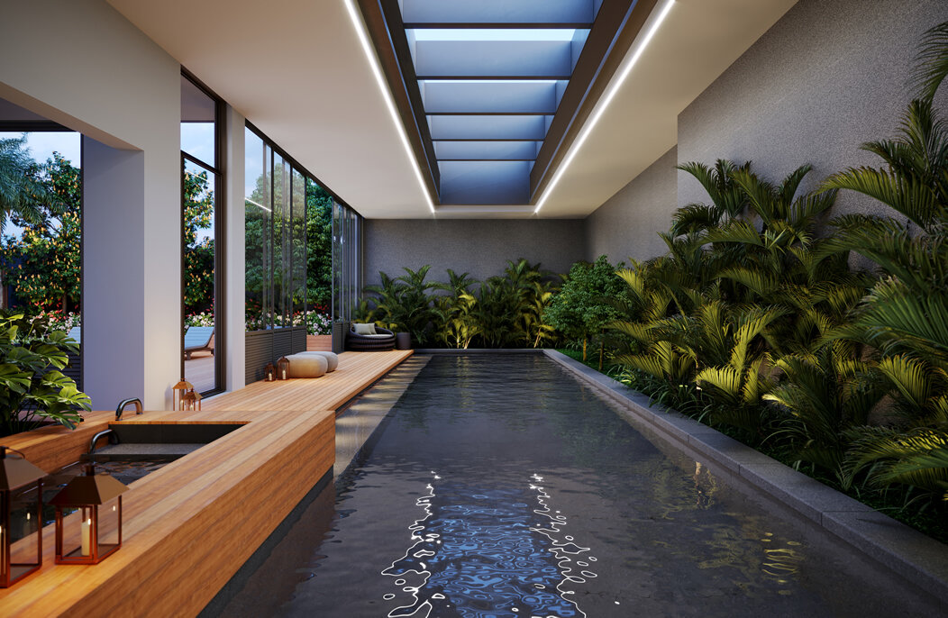 Piscina coberta com skywindow