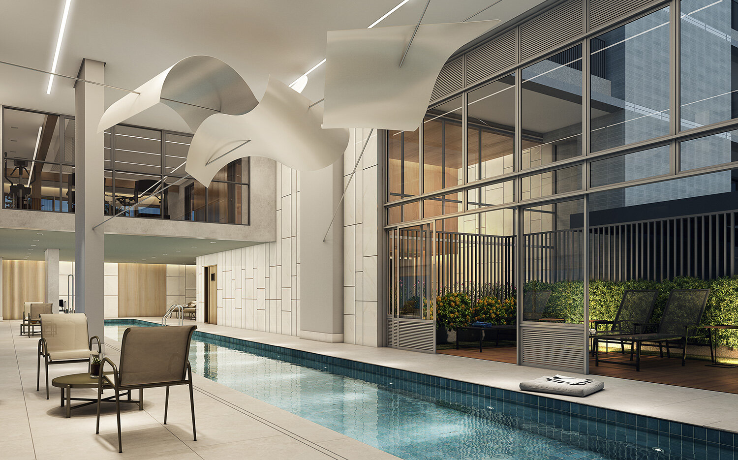 Piscina coberta com pé-direito duplo